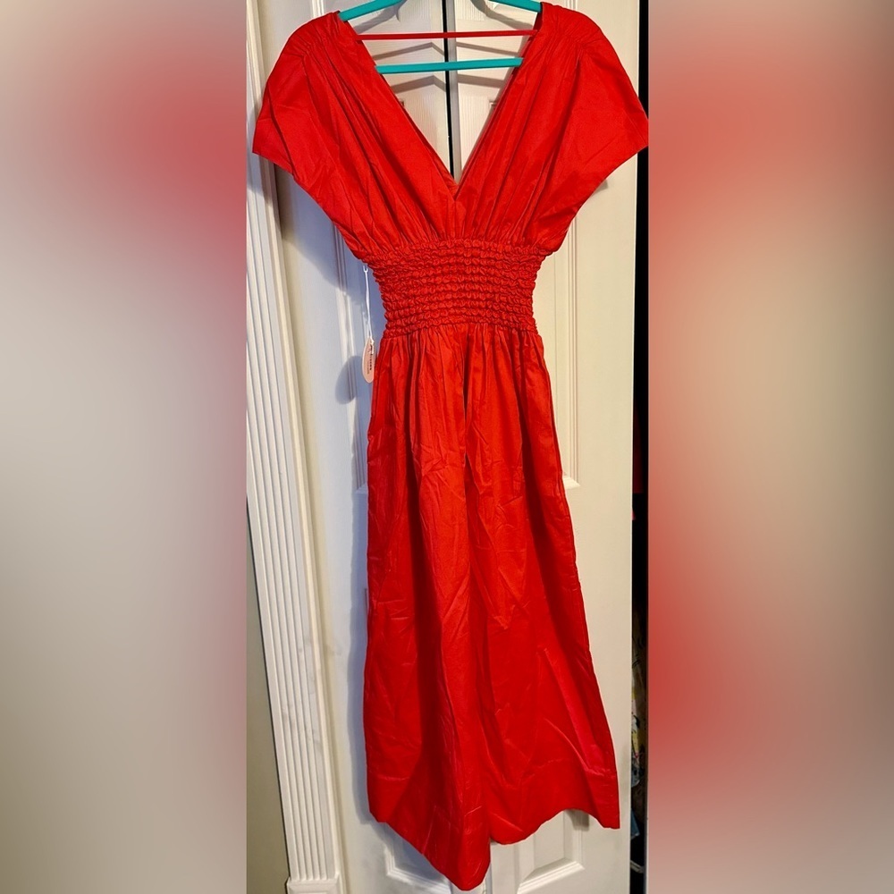 STAUD Jackson Smocked Midi Dress Hibiscus Red NWT S Rare Sold Out Never Tried On - Picture 7 of 10